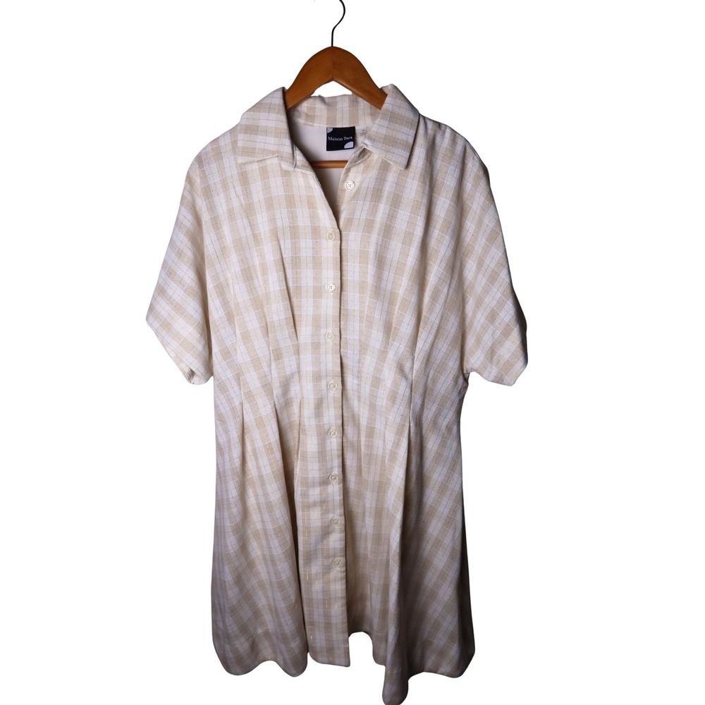 Maison Tara Beige Plaid Button Front Short Sleeve Pleated Waist Dress Size 10